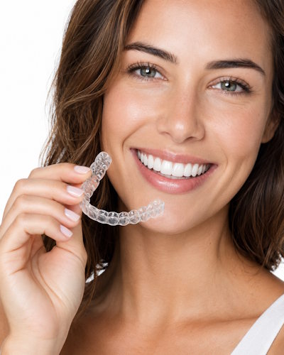 smiling woman holding aligner 1
